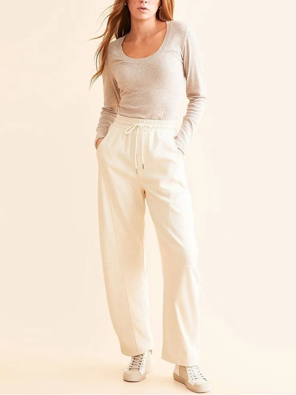 DAVI & DANI Cream Drawstring Barrel Joggers